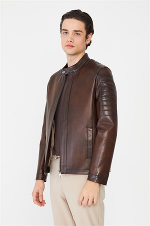Kahverengi Kapitone Detaylı Fermuarlı Modern Hakiki Deri Ceket
