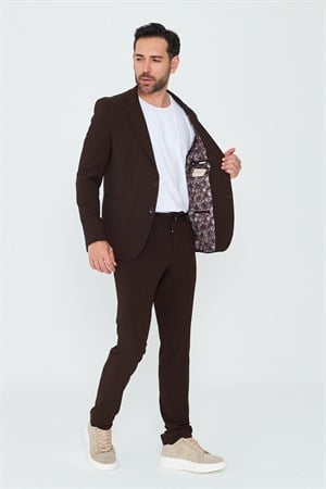 Kahverengi Mono Yaka 6 Drop Regular Fit Jogger Takım Elbise