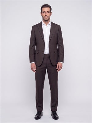 Kahverengi Regular Fit 4 Drop Mikro Desenli Mono Yaka Erkek Takım Elbise