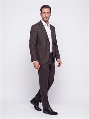 Kahverengi Regular Fit 4 Drop Mikro Desenli Mono Yaka Erkek Takım Elbise