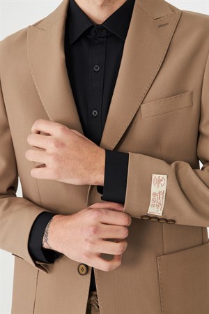 Koyu Bej Düz Kumaş Modern Slim Fit Klasik Yaka Takım Elbise