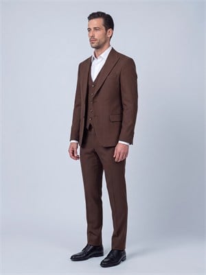 Koyu Kahverengi Regular Fit 6 Drop Sivri Yaka Yelekli Erkek Takım Elbise