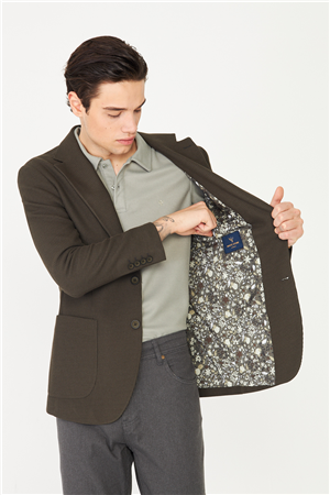 Haki Kadife İçi Desenli Zamansız Kullanım Ceket