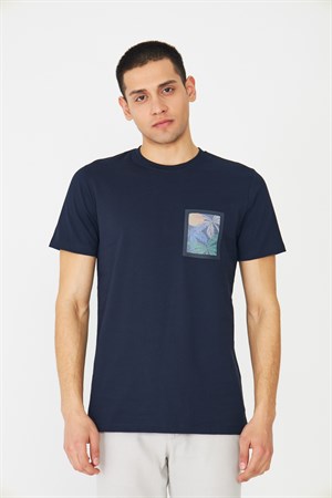 Lacivert Baskılı Bisiklet Yaka Erkek T-Shirt