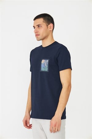 Lacivert Baskılı Bisiklet Yaka Erkek T-Shirt