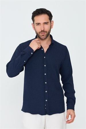 Lacivert Çizgili Dynamic Fit Uzun Kollu Gömlek