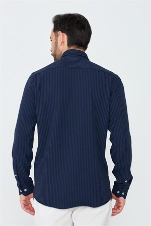 Lacivert Çizgili Dynamic Fit Uzun Kollu Gömlek