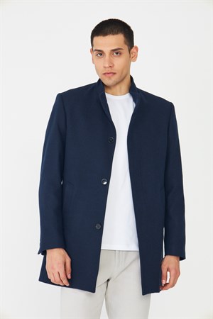 Lacivert Dik Yaka Astarlı İç Cepli Kaşe Kaban Regular Fit