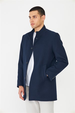 Lacivert Dik Yaka Astarlı İç Cepli Kaşe Kaban Regular Fit