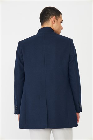 Lacivert Dik Yaka Astarlı İç Cepli Kaşe Kaban Regular Fit