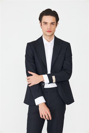Lacivert İnce Çizgili Modern Slim Fit Klasik Yaka Takım Elbise