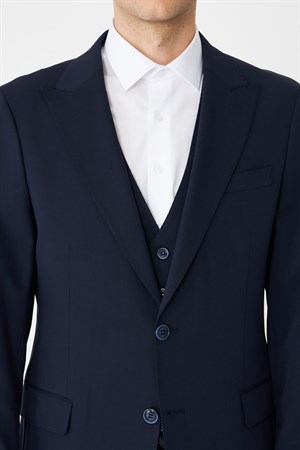 Lacivert Klasik Yaka Modern Slim Fit Yelekli Takım Elbise