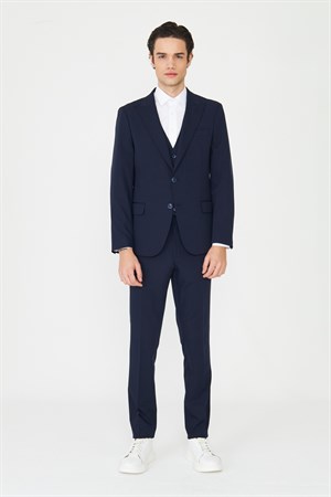 Lacivert Klasik Yaka Modern Slim Fit Yelekli Takım Elbise