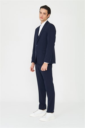 Lacivert Klasik Yaka Modern Slim Fit Yelekli Takım Elbise