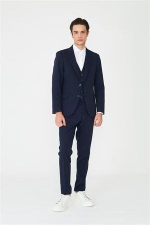 Lacivert Klasik Yaka Modern Slim Fit Yelekli Takım Elbise