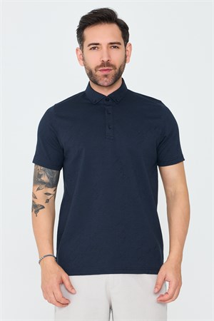 Lacivert Mikro Desenli Düğmeli Erkek Polo Yaka Tişört