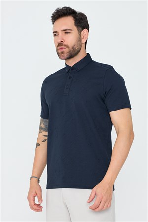 Lacivert Mikro Desenli Düğmeli Erkek Polo Yaka Tişört
