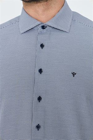 Lacivert Mikro Desenli Dynamic Fit Erkek Uzun Kollu Gömlek