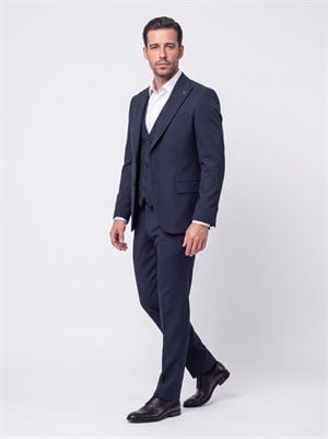 Lacivert Regular Fit 6 Drop Sivri Yaka Yelekli Erkek Takım Elbise
