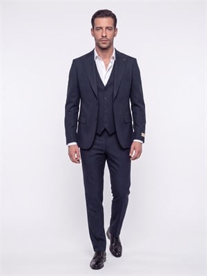Lacivert Regular Fit 6 Drop Sivri Yaka Yelekli Erkek Takım Elbise