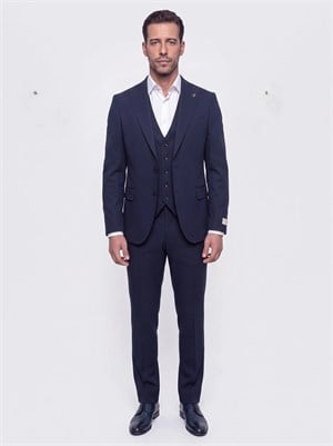 Lacivert Sivri Yaka 6 Drop Regular Fit Yelekli Erkek Takım Elbise