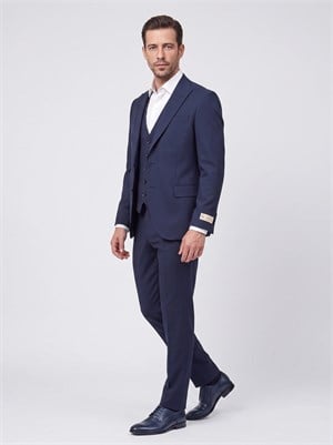 Lacivert Sivri Yaka 6 Drop Regular Fit Yelekli Erkek Takım Elbise
