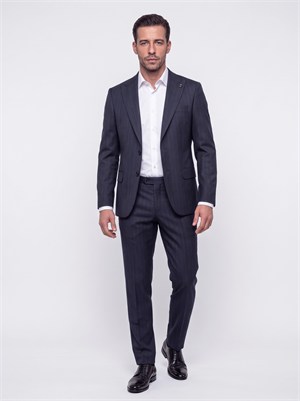 Lacivert Sivri Yaka Regular Fit 6 Drop Çizgili Takım Elbise