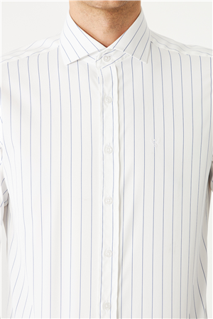 Beyaz Mavi Çizgili Uzun Kollu Gömlek Slim Fit