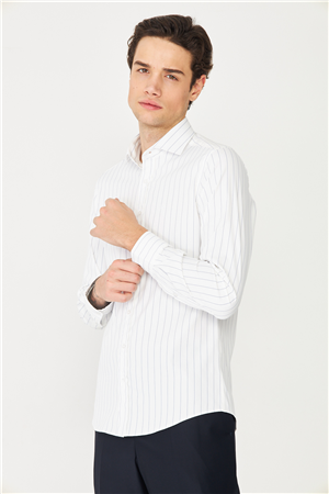 Beyaz Mavi Çizgili Uzun Kollu Gömlek Slim Fit