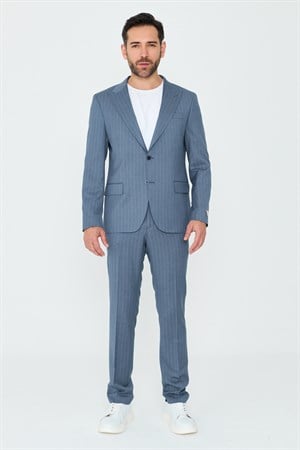 Mavi Çizgili Sivri Yaka 6 Drop Regular Fit Günlük Takım Elbise