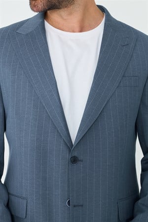 Mavi Çizgili Sivri Yaka 6 Drop Regular Fit Günlük Takım Elbise