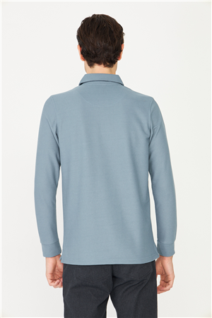 Mavi Mikro Dokulu Uzun Kollu Polo Yaka Üst 