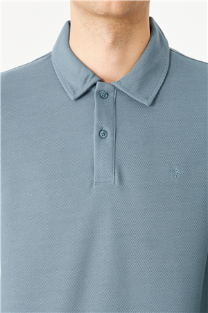 Mavi Mikro Dokulu Uzun Kollu Polo Yaka Üst 