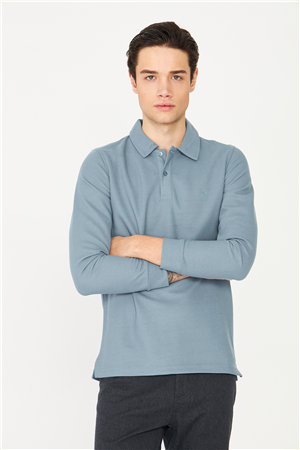 Mavi Mikro Dokulu Uzun Kollu Polo Yaka Üst 