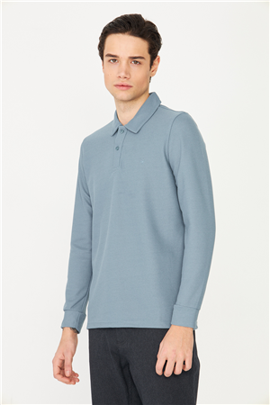 Mavi Mikro Dokulu Uzun Kollu Polo Yaka Üst 