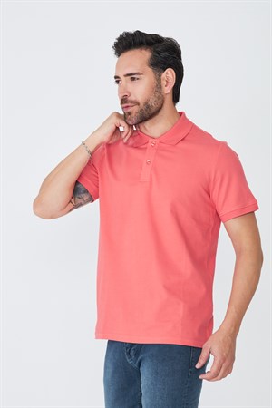 Mercan Rengi Çift Düğmeli Klasik Polo Yaka Tişört