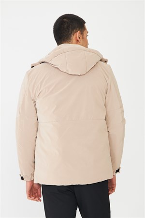 Modern Kesim Kapüşonlu Bej Erkek Şişme Mont