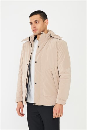 Modern Kesim Kapüşonlu Bej Erkek Şişme Mont