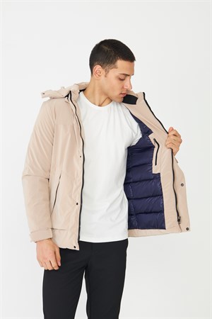 Modern Kesim Kapüşonlu Bej Erkek Şişme Mont