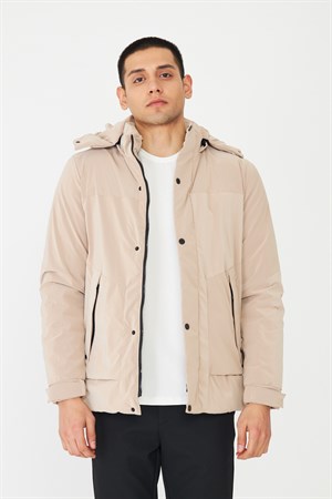 Modern Kesim Kapüşonlu Bej Erkek Şişme Mont