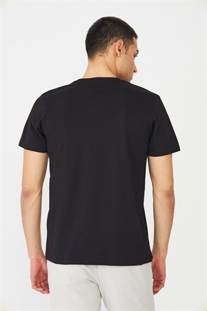 Siyah Bisiklet Yaka Baskılı T-Shirt