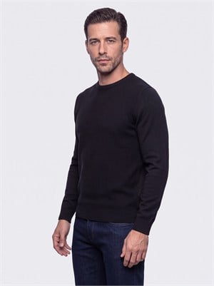 Siyah Bisiklet Yaka Mikro Desenli Erkek Triko Kazak