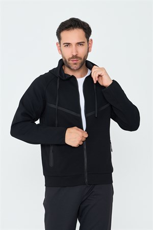 Siyah Cepli Kapüşonlu Fermuarlı Erkek Sweatshirt