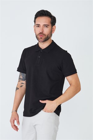Siyah Çift Düğmeli Klasik Polo Yaka Tişört