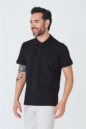 Siyah Çift Düğmeli Klasik Polo Yaka Tişört