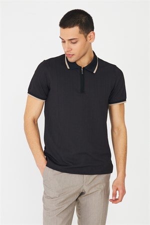 Siyah Fermuarlı Polo Yaka Erkek T-Shirt