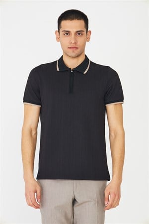 Siyah Fermuarlı Polo Yaka Erkek T-Shirt