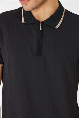 Siyah Fermuarlı Polo Yaka Erkek T-Shirt