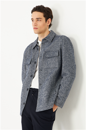 Lacivert Yün Görünümlü Balıksırtı Gömlek Ceket