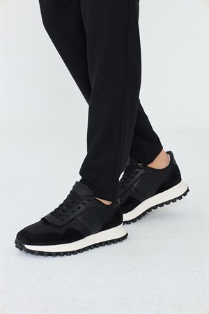 Siyah Hakiki Deri Bağcıklı Yüksek Tabanlı Erkek Sneaker